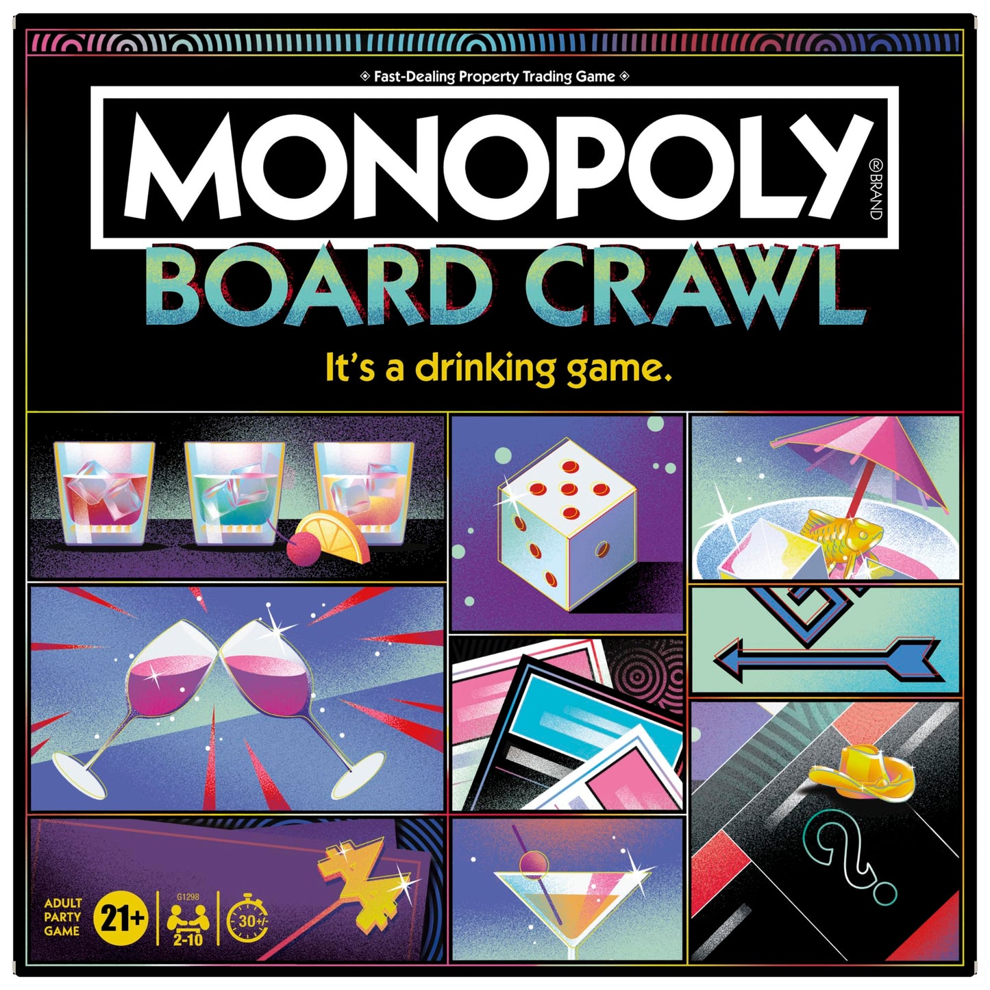 Monopoly Board Crawl box art showing colorful graphics of cocktails, a die, property cards, and various game pieces