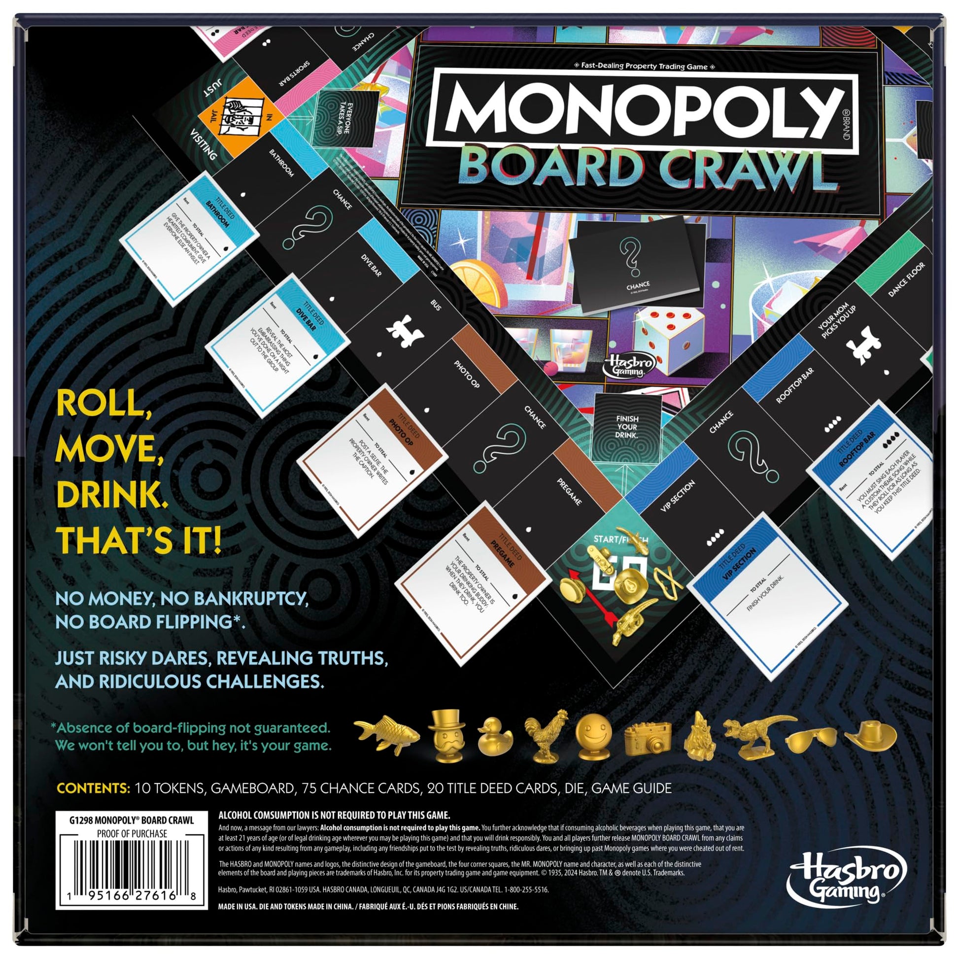 The Monopoly Board Crawl game box shows a colorful board with spaces like Dive Bar and Rooftop Bar, golden tokens, and game instructions