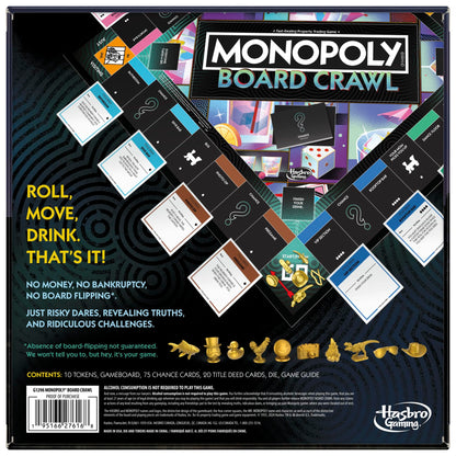 The Monopoly Board Crawl game box shows a colorful board with spaces like Dive Bar and Rooftop Bar, golden tokens, and game instructions