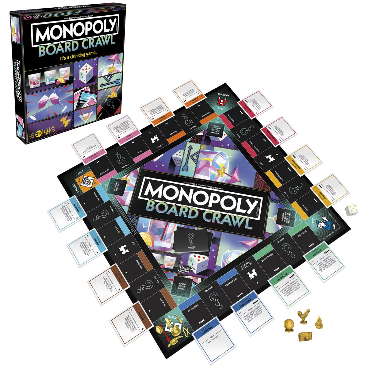 A Monopoly Board Crawl game box and board laid out with game cards, golden tokens, and two white dice