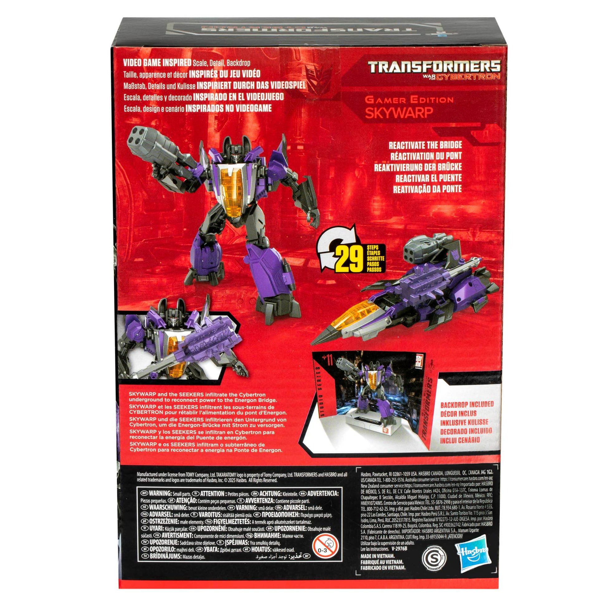 Transformers Studio Series Gamer Edition Skywarp a purple and gray Decepticon jet shown in robot and alternate fighter jet modes with 29 transformation steps