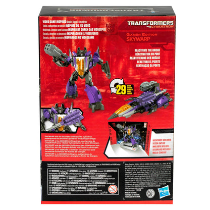 Transformers Studio Series Gamer Edition Skywarp a purple and gray Decepticon jet shown in robot and alternate fighter jet modes with 29 transformation steps
