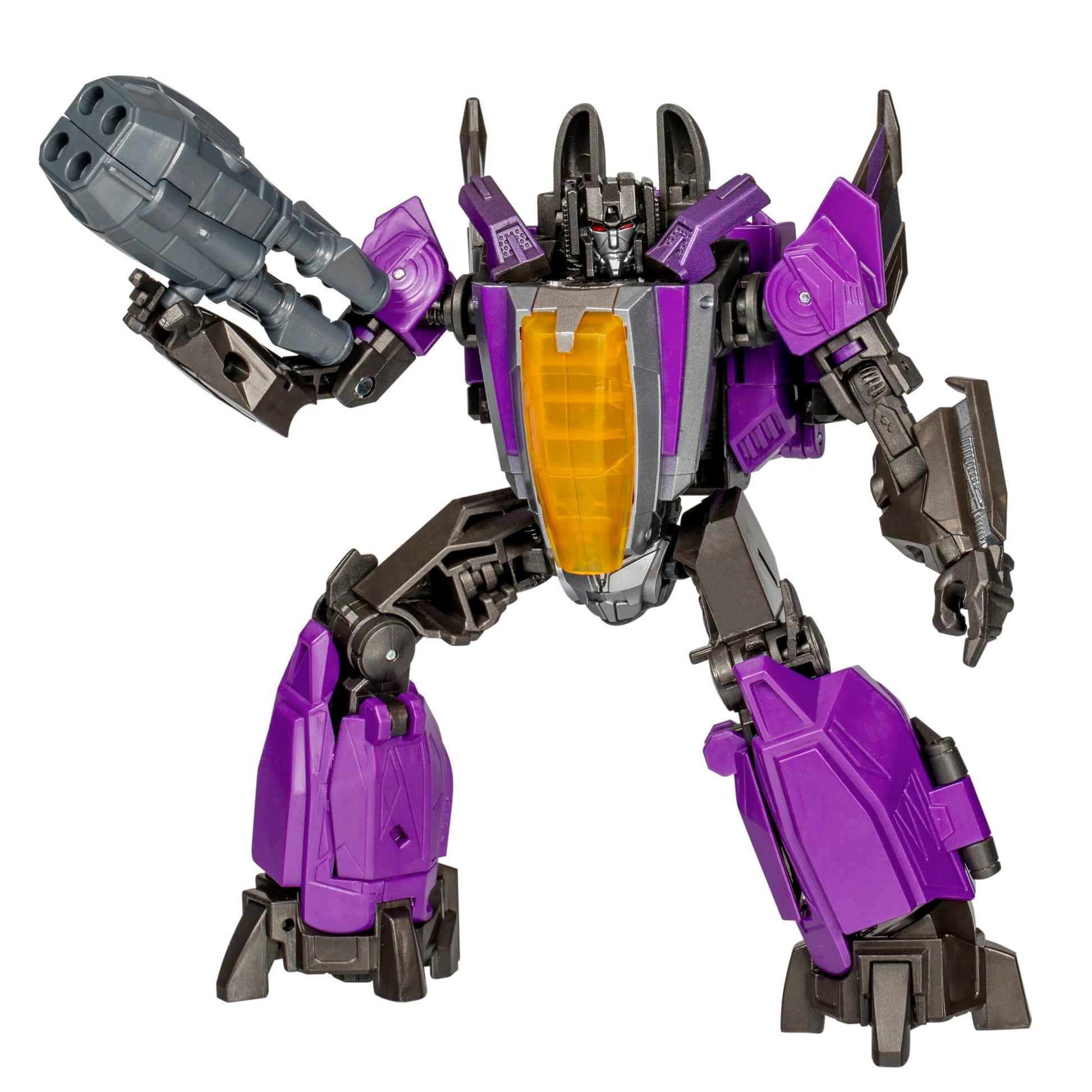 Transformers Studio Series Voyager Skywarp figure in purple gray and black holding a large gray weapon posed dynamically against white background