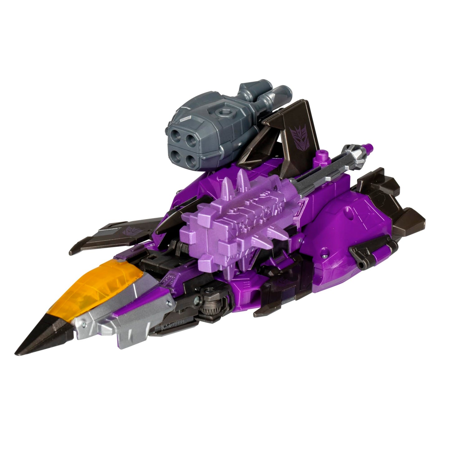 Transformers Studio Series Voyager Class War for Cybertron Skywarp purple and gray jet with Decepticon emblem mounted missile launcher and mace weapon