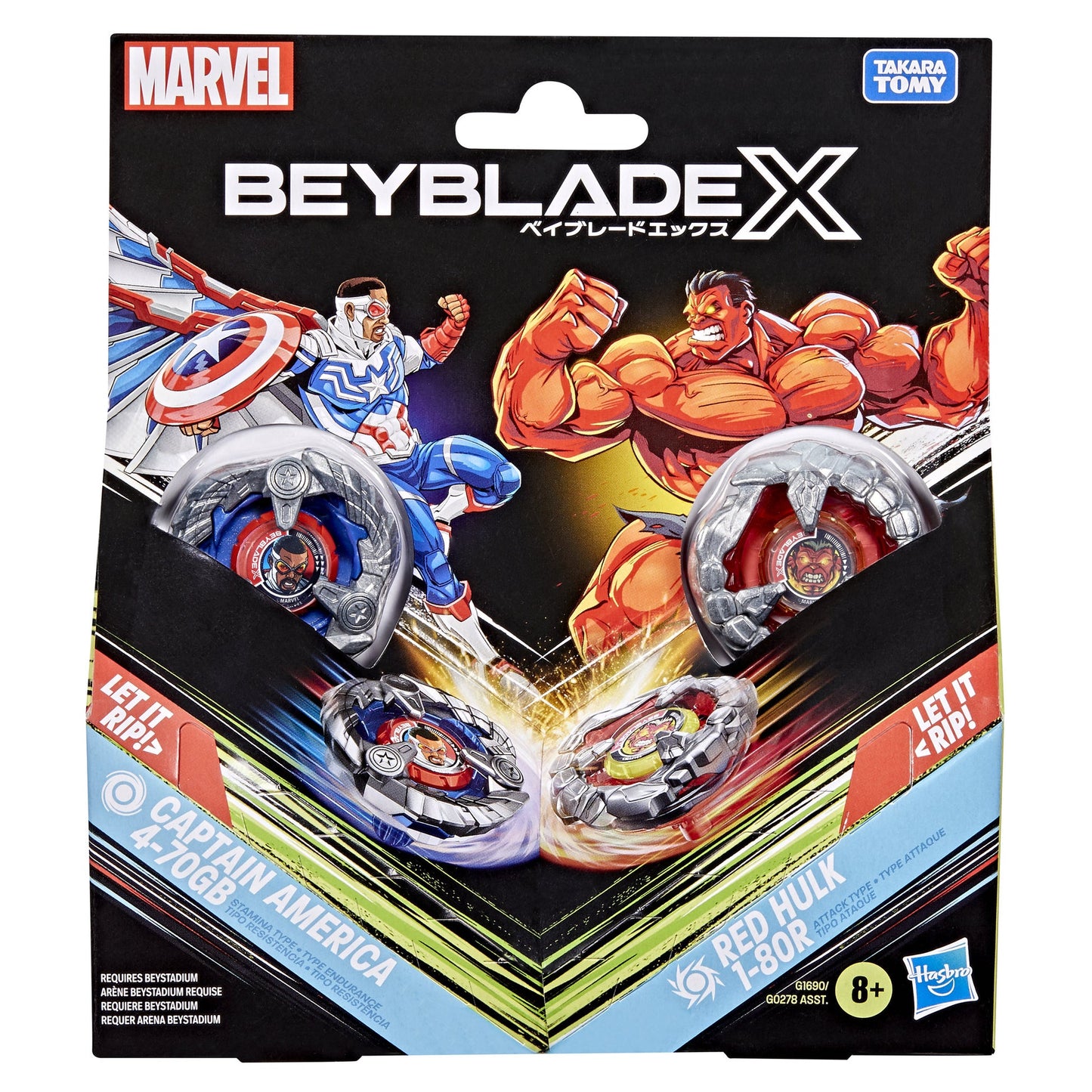 Beyblade X Marvel Captain America 4-70GB vs Red Hulk 1-80R Multipack Set