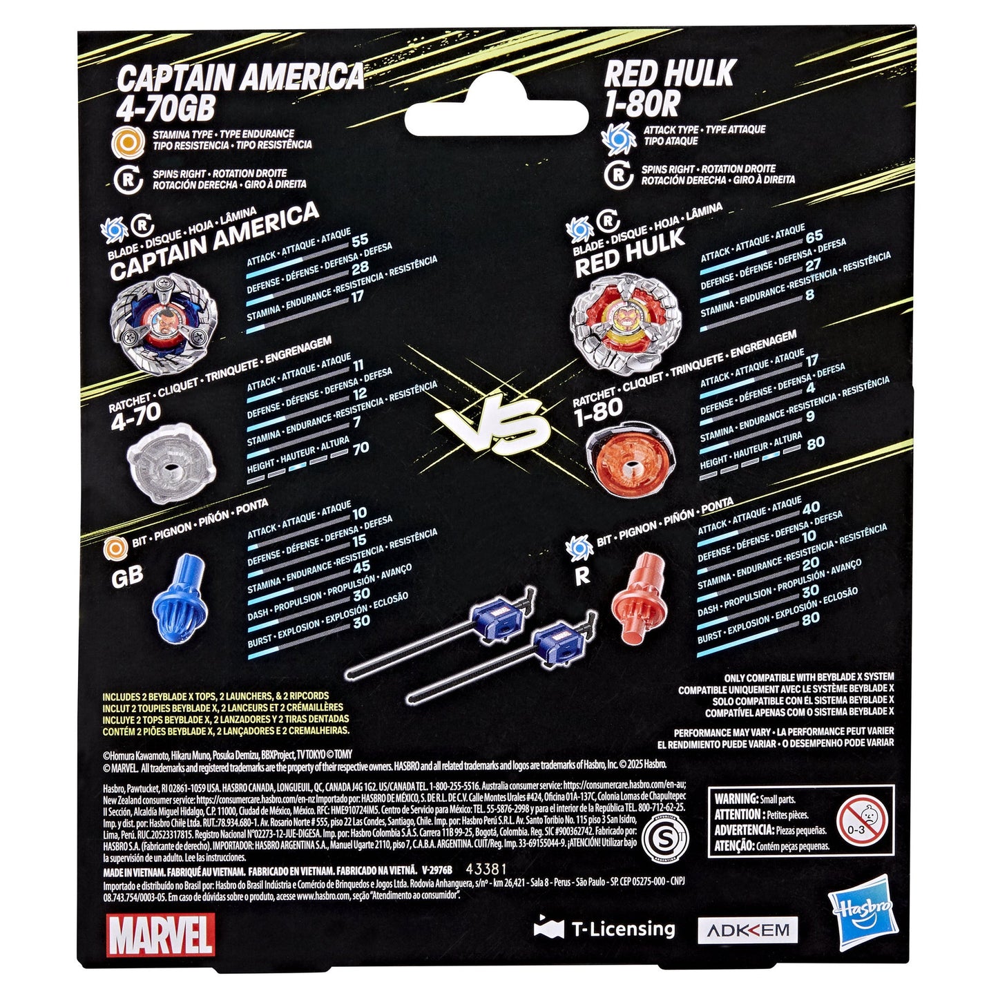 Beyblade X Marvel Captain America 4-70GB vs Red Hulk 1-80R Multipack Set