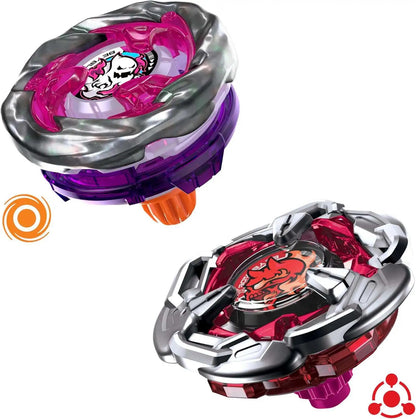 Two colorful Beyblade battle tops: one purple unicorn and one red dragon, displayed on white