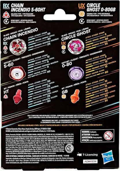 Beyblade X package back displaying stats and components for red Chain Incendio and purple Circle Ghost spinning tops