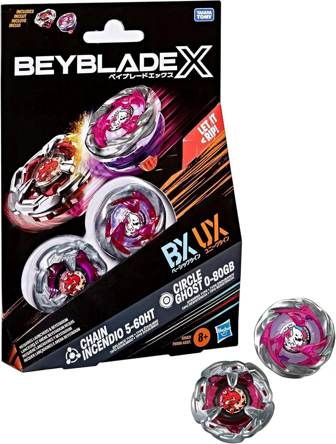 Beyblade X twin pack packaging featuring two metallic spinning battle tops (red and pink) and product details