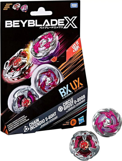Beyblade X twin pack packaging featuring two metallic spinning battle tops (red and pink) and product details