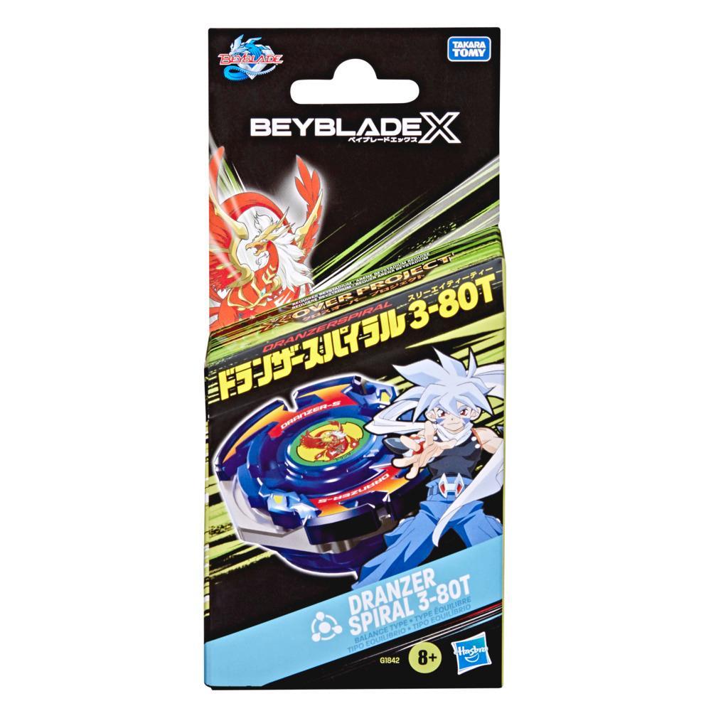 Package for Beyblade X Dranzer Spiral 3-80T toy showing a red phoenix, a blue spinning top, and an anime character with spiky blue hair