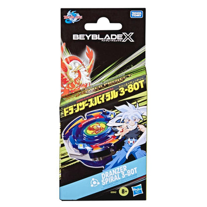 Package for Beyblade X Dranzer Spiral 3-80T toy showing a red phoenix, a blue spinning top, and an anime character with spiky blue hair