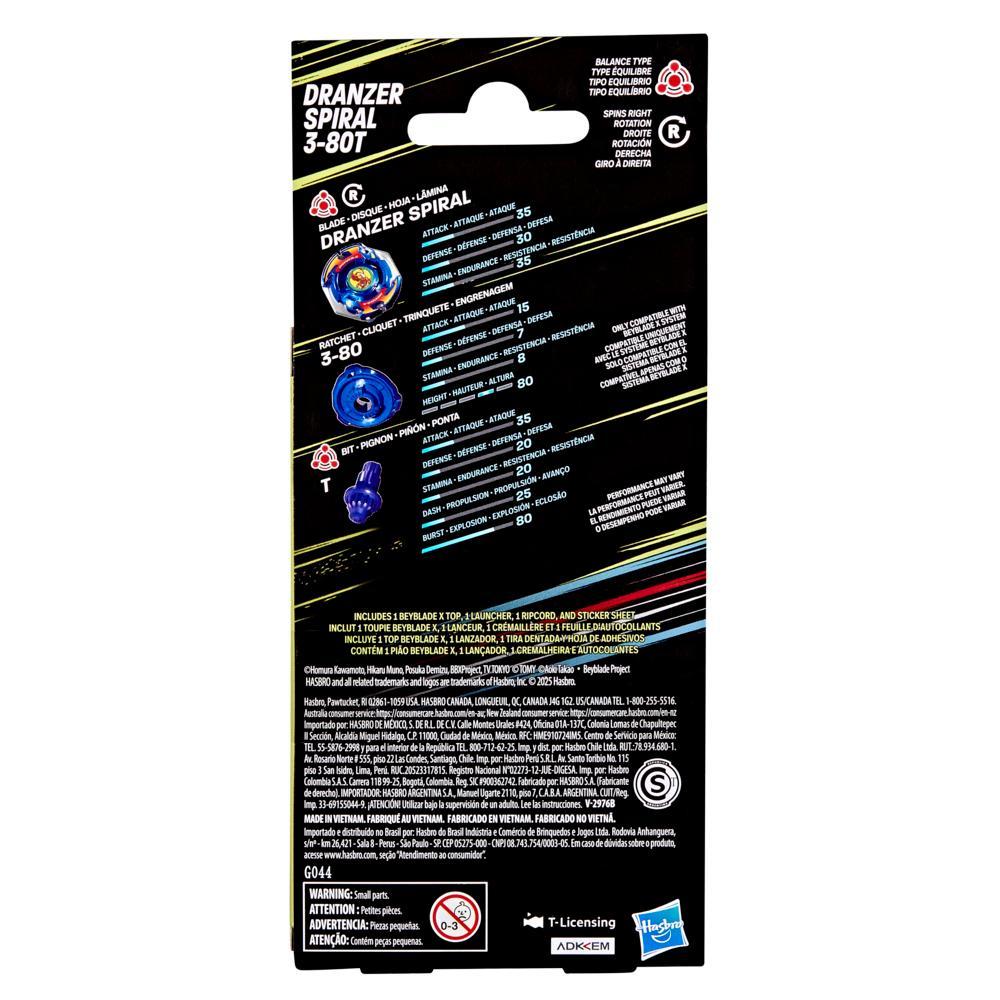 Beyblade X Dranzer Spiral 3-80T product packaging displaying the three Beyblade components and their detailed performance statistics