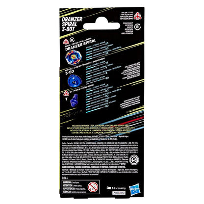 Beyblade X Dranzer Spiral 3-80T product packaging displaying the three Beyblade components and their detailed performance statistics