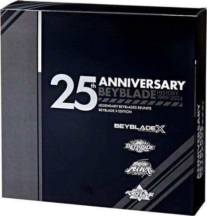 An upright black and dark gray commemorative box displaying the Beyblade 25th Anniversary History 1999-2024 and the Beyblade X Edition logo