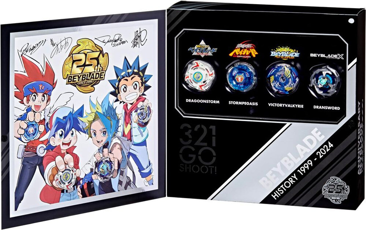 The Beyblade 25th Anniversary box set, open to reveal four classic tops—Dragoonstorm, StormPegasis, VictoryValkyrie, and Dransword