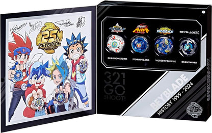 The Beyblade 25th Anniversary box set, open to reveal four classic tops—Dragoonstorm, StormPegasis, VictoryValkyrie, and Dransword