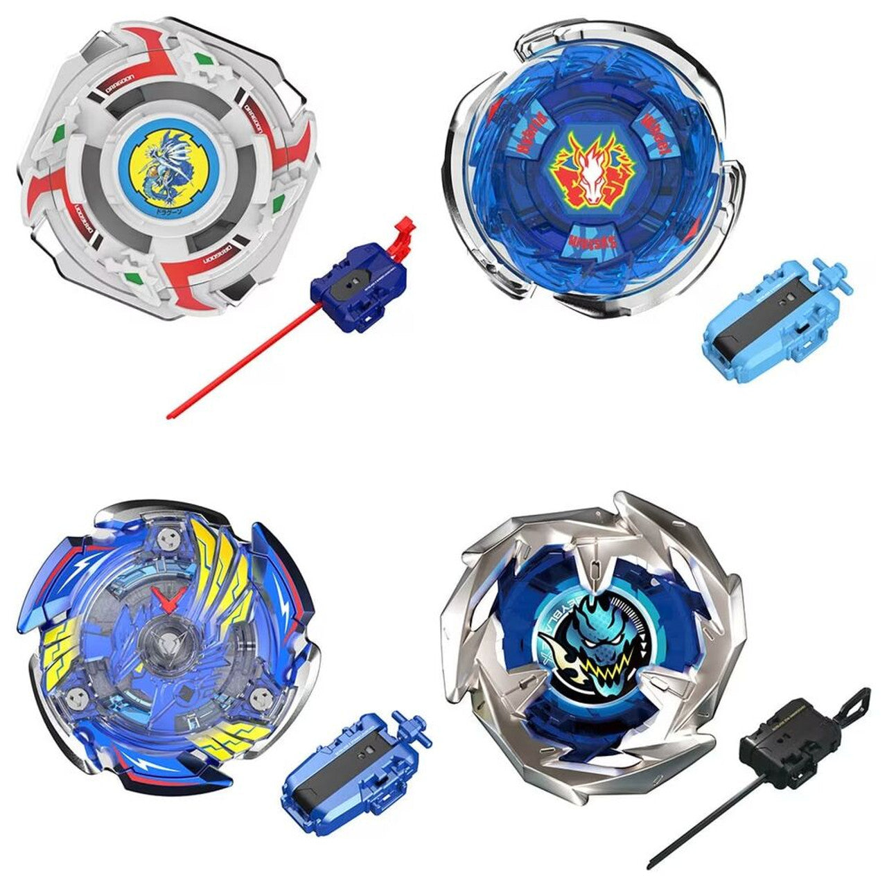 Four Beyblade X Over tops and launchers featuring white, blue, and silver designs with detailed dragon emblems