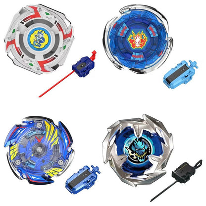 Four Beyblade X Over tops and launchers featuring white, blue, and silver designs with detailed dragon emblems