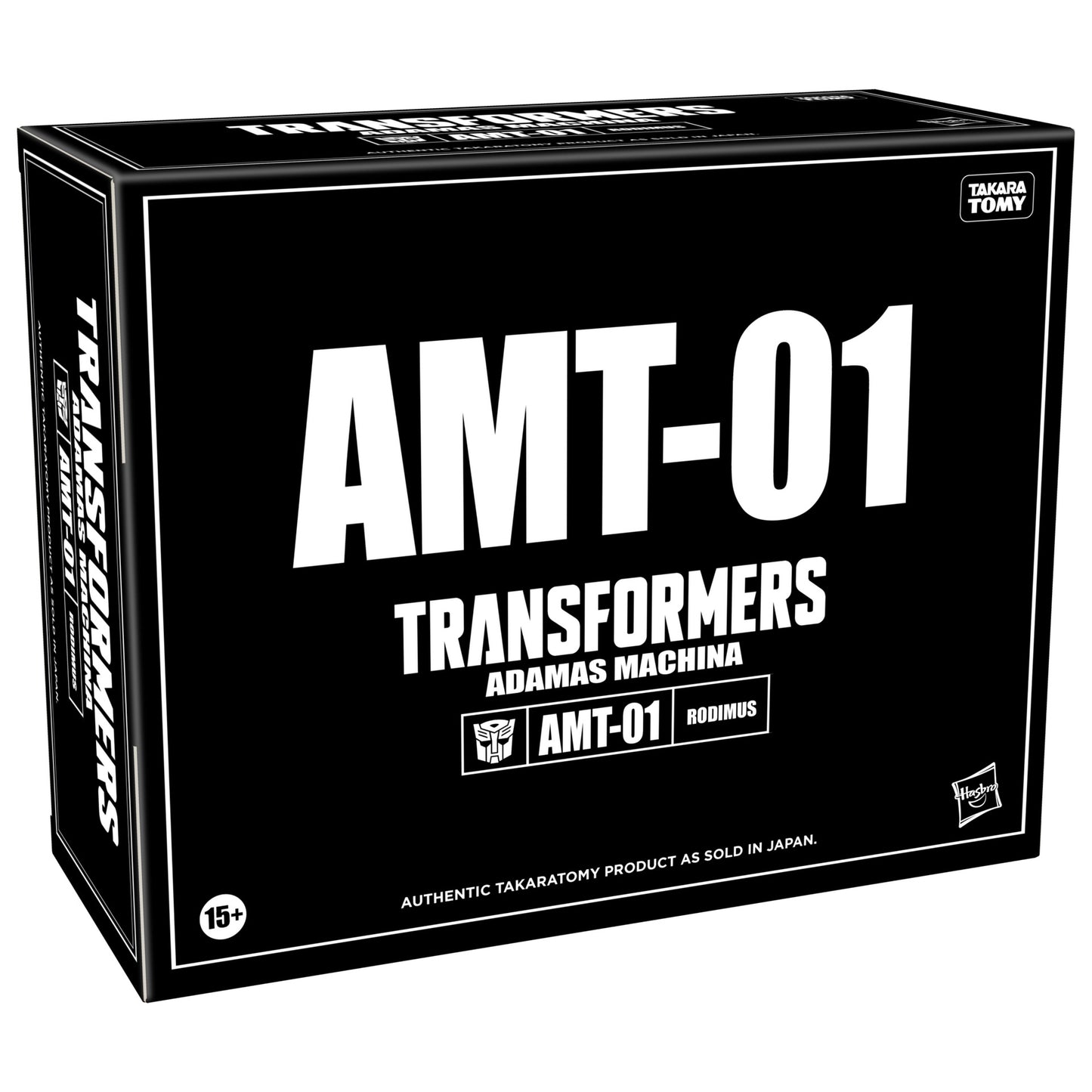 Transformers Takara Tomy AMT-01 Rodimus action figure box black with bold white text and logos indicating ADAMAS MACHINA and 15 age rating