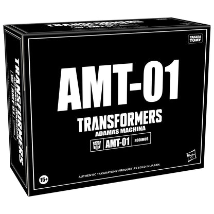 Transformers Takara Tomy AMT-01 Rodimus action figure box black with bold white text and logos indicating ADAMAS MACHINA and 15 age rating