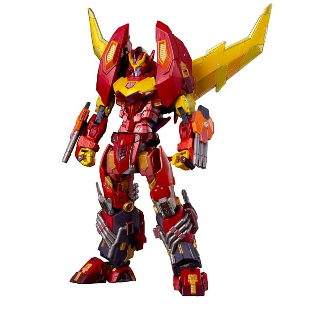 Takara Tomy Transformers Rodimus AMT-01 figure a vibrant red and yellow robot with pointed yellow wings and a weapon in its left hand