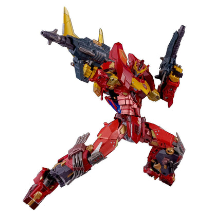 Takara Tomy Transformers Rodimus AMT-01 figure red and yellow holding a large cannon with a fin and a rifle in a dynamic pose