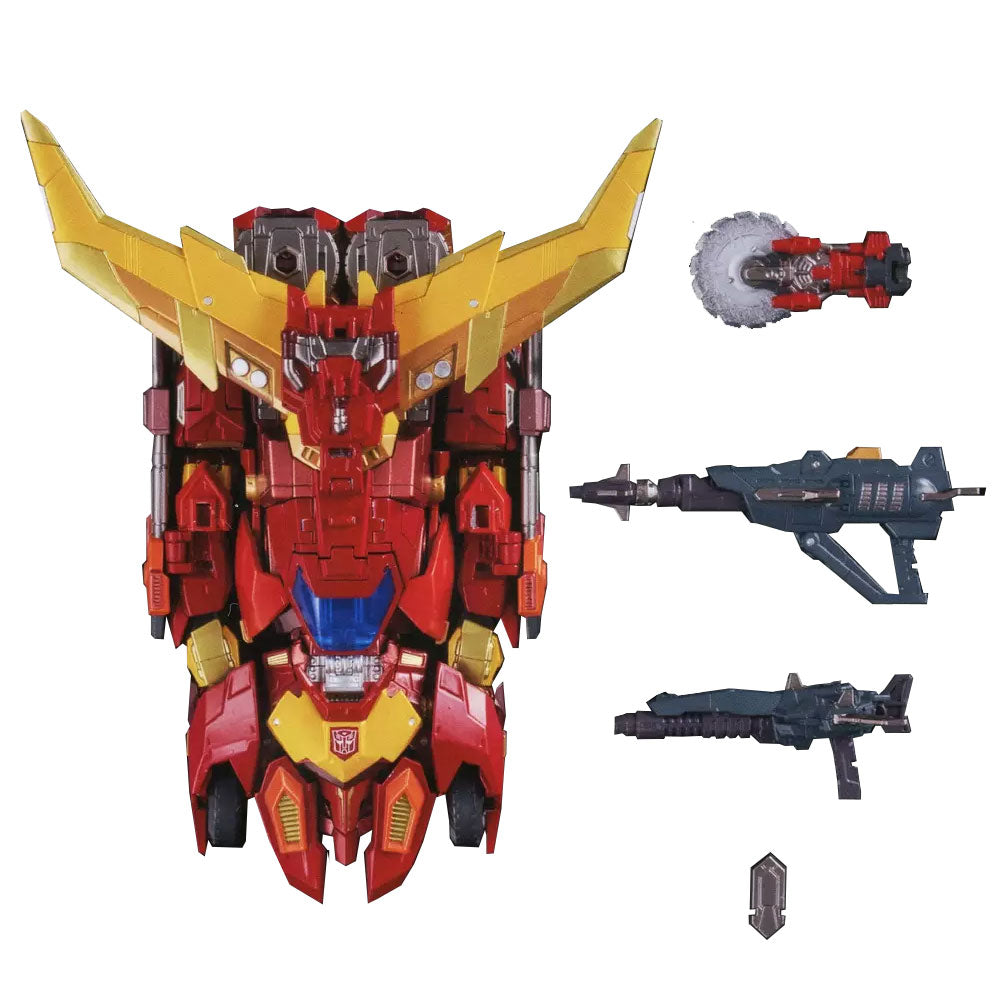 Takara Tomy Transformers Masterpiece MP-40 Targetmaster Hot Rodimus action figure with transforming vehicle mode blaster rifle saw blade and shield accessories