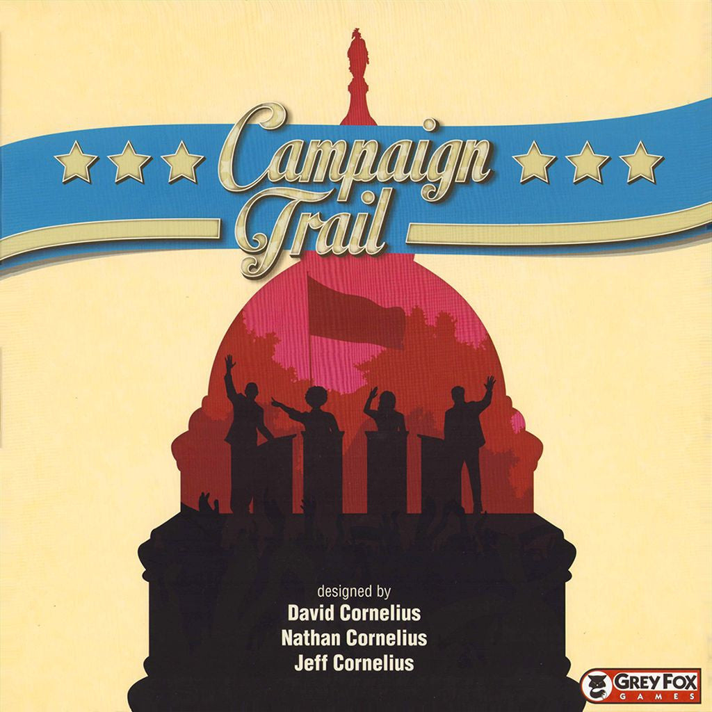 Campaign Trail board game box cover with silhouettes of politicians at podiums a flag and the title Campaign Trail above a blue banner with stars