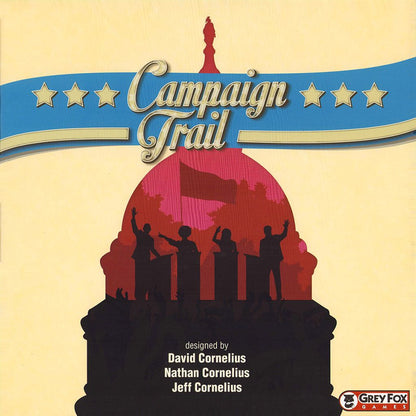 Campaign Trail board game box cover with silhouettes of politicians at podiums a flag and the title Campaign Trail above a blue banner with stars