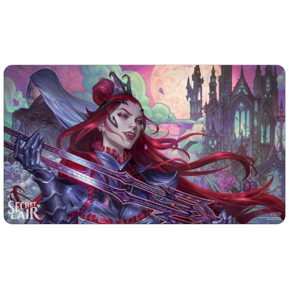 Ultra Pro Secret Lair Playmat: A smirking, red-haired vampire in armor with fangs holds an ornate weapon against a gothic castle backdrop
