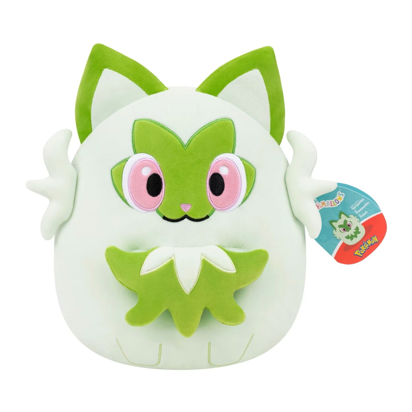 A soft, round Squishmallows plush featuring the Pokémon Sprigatito in light green with vibrant embroidered eyes and characteristic leaf-like facial details and a visible hang tag