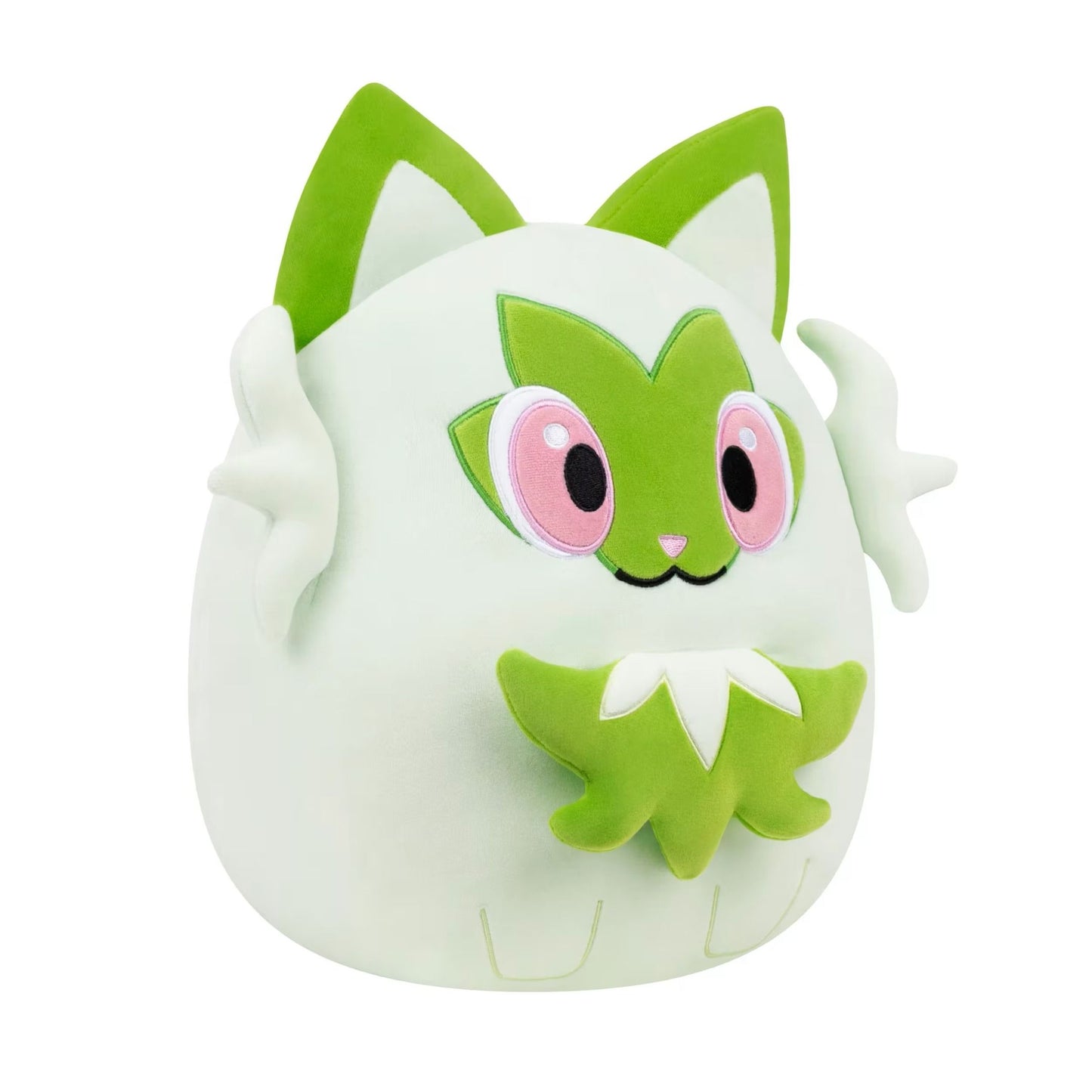 A 10-inch Squishmallows plush of the Pokémon Sprigatito in pale green and bright green with embroidered pink eyes stands alone on a white background