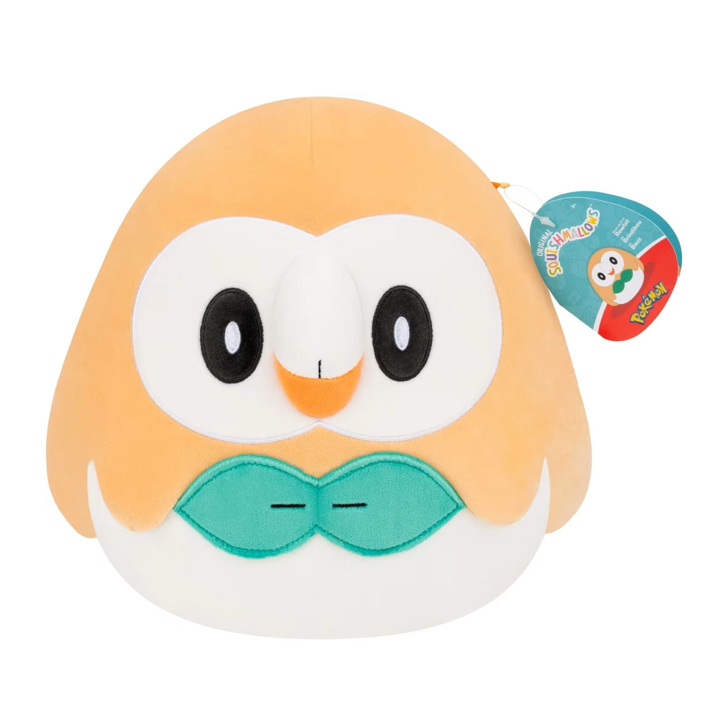Squishmallows 10-inch Rowlet Pokémon plush, featuring the character's signature orange and white colors with green accents and the official hanging tag