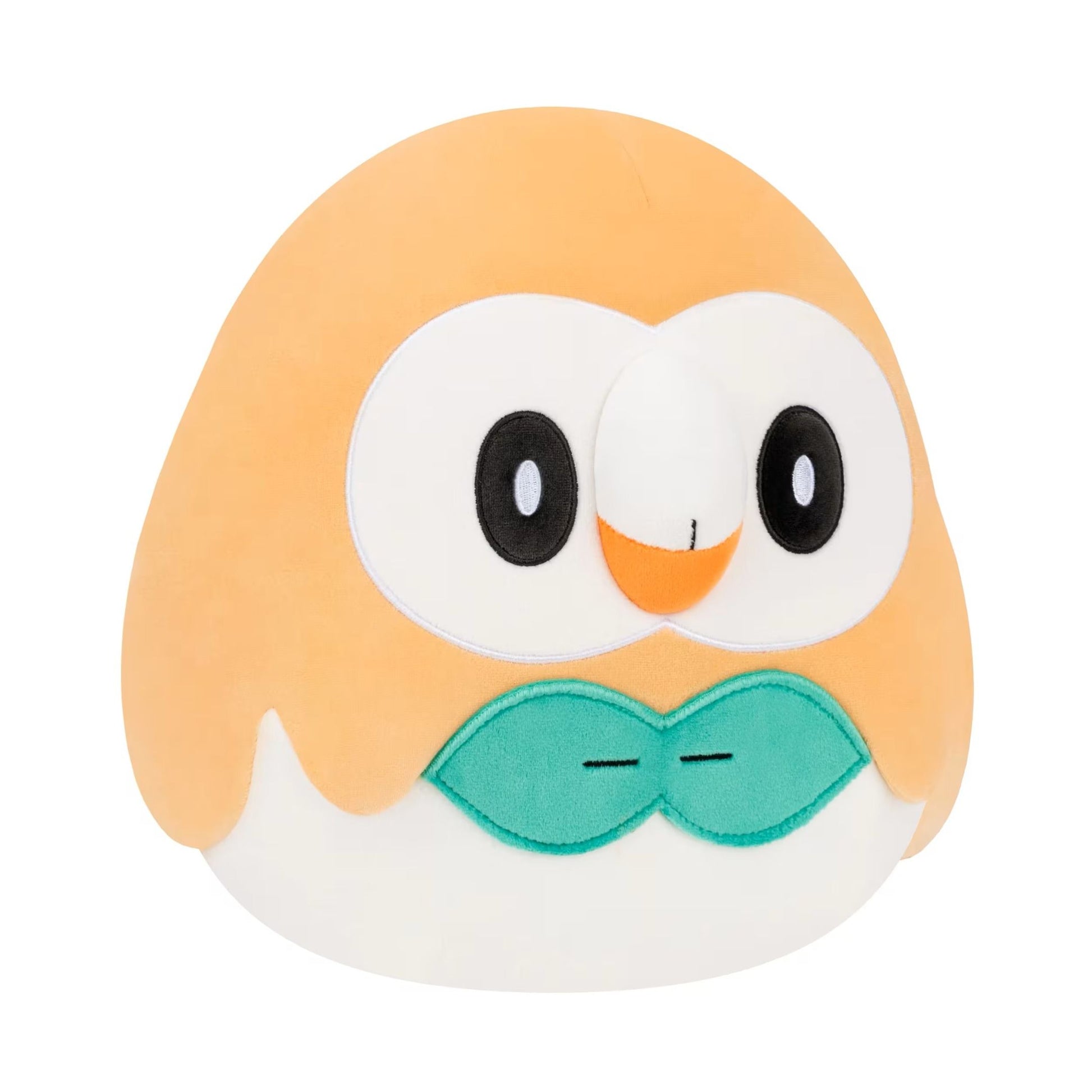 A 10 inch Squishmallows Pokémon Rowlet plush toy featuring a round orange body and teal leaf accent against a bright white background
