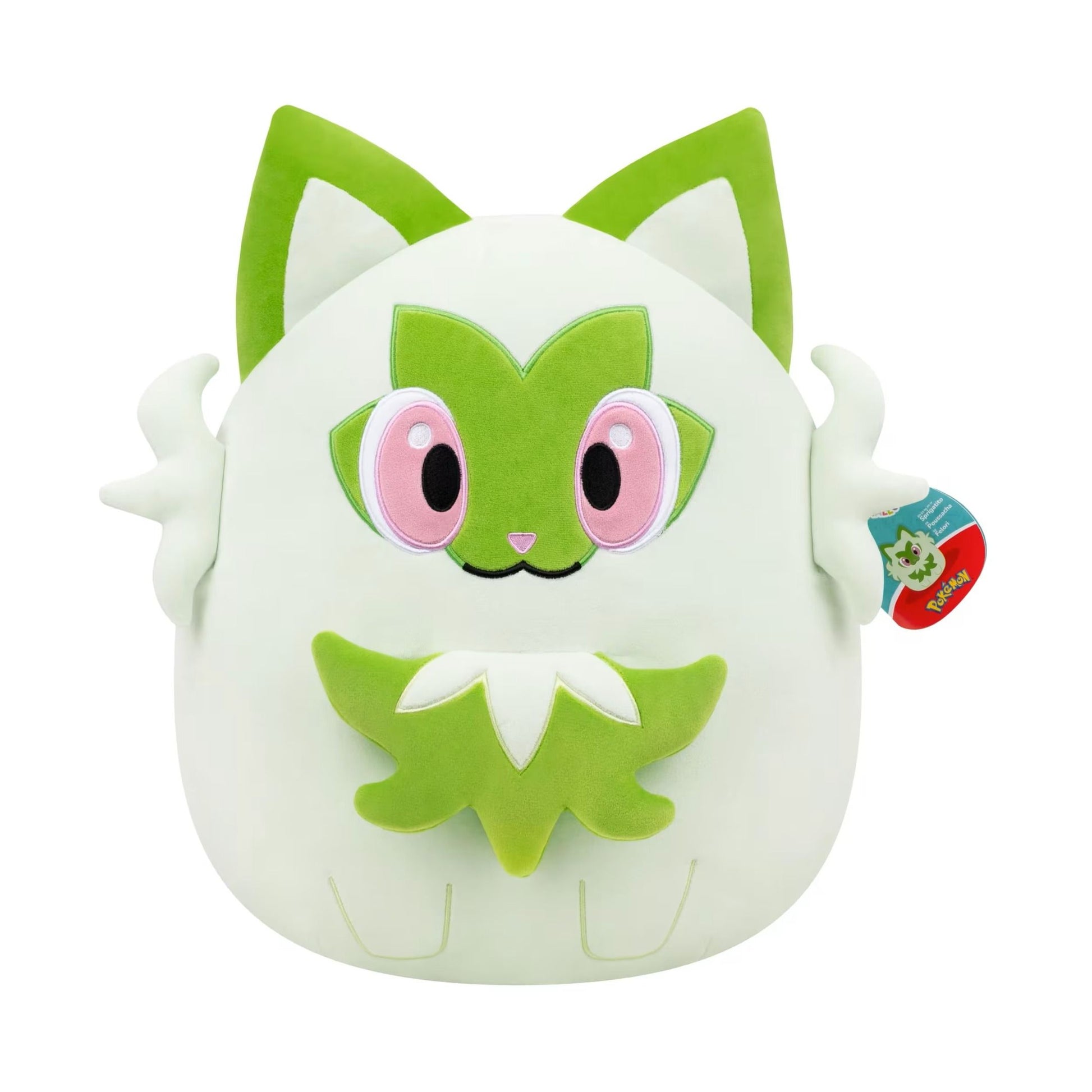 A soft 14-inch Squishmallows plush featuring the Pokémon Sprigatito, detailed with bright green accents and large pink embroidered eyes