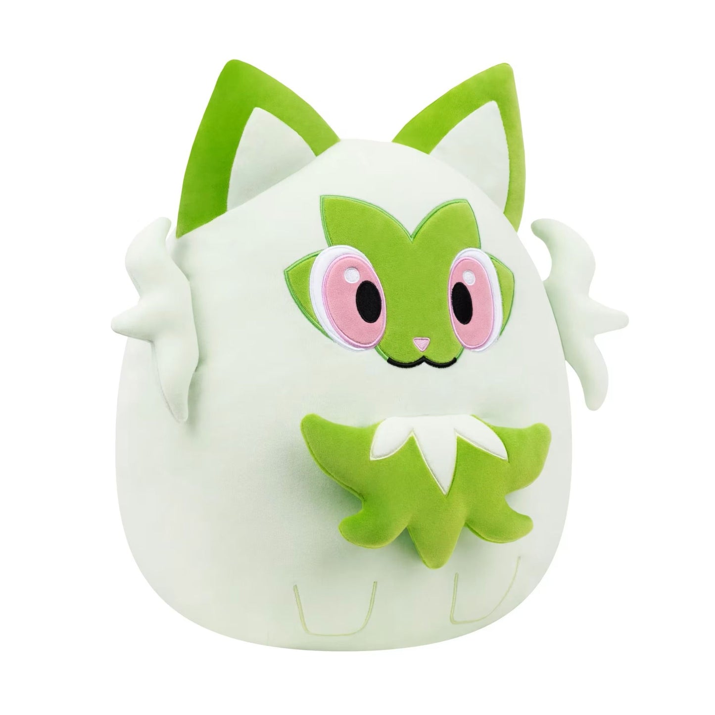 A soft 14-inch Squishmallows plush depicting Sprigatito, which features a mint green body, bright green ears, a leaf mask face, and two attached side paws