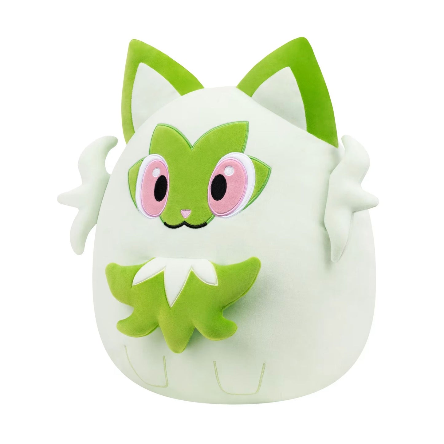 This cuddly 14-inch Squishmallows Sprigatito plush features a pale green rounded body, vivid green ears, and large pink-rimmed eyes
