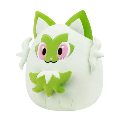 This cuddly 14-inch Squishmallows Sprigatito plush features a pale green rounded body, vivid green ears, and large pink-rimmed eyes