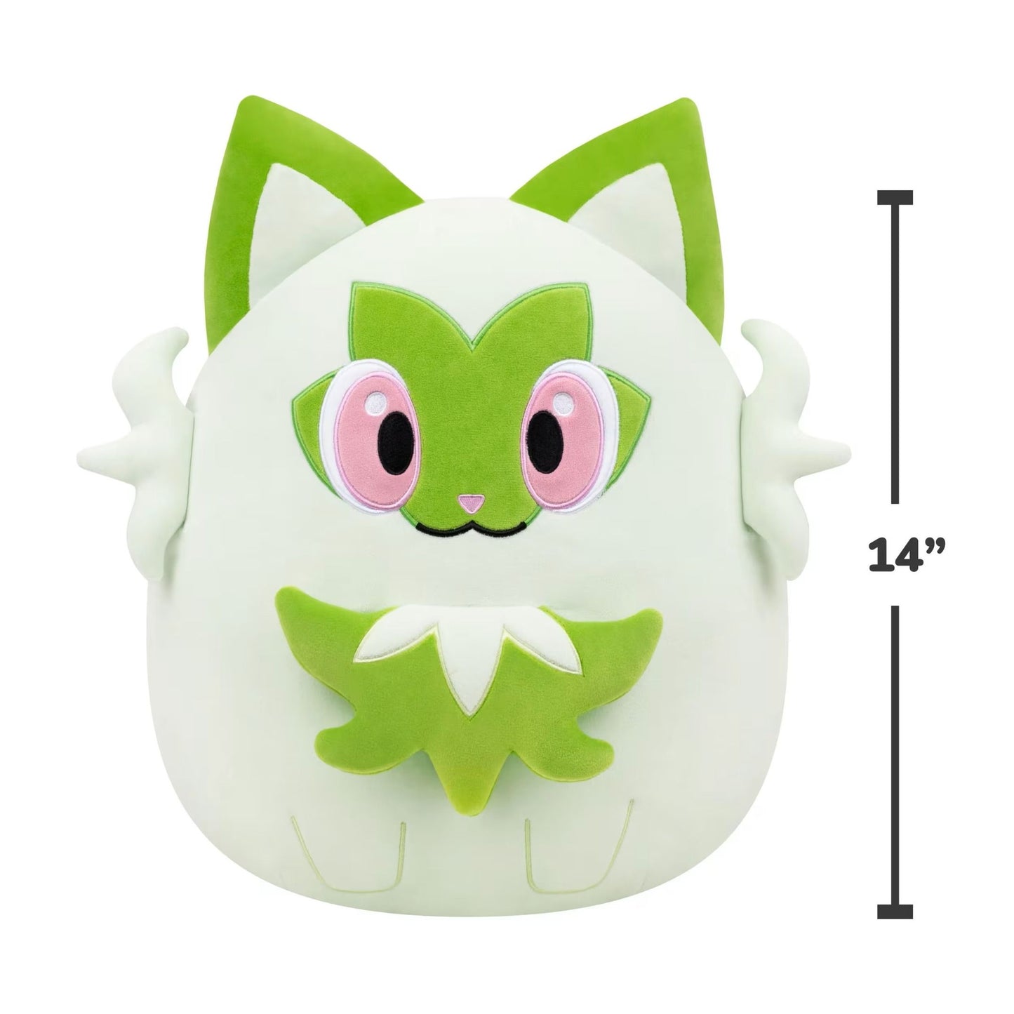 Front view of the 14-inch Squishmallows Sprigatito plush featuring bright green ears, leaf details, and large pink embroidered eyes