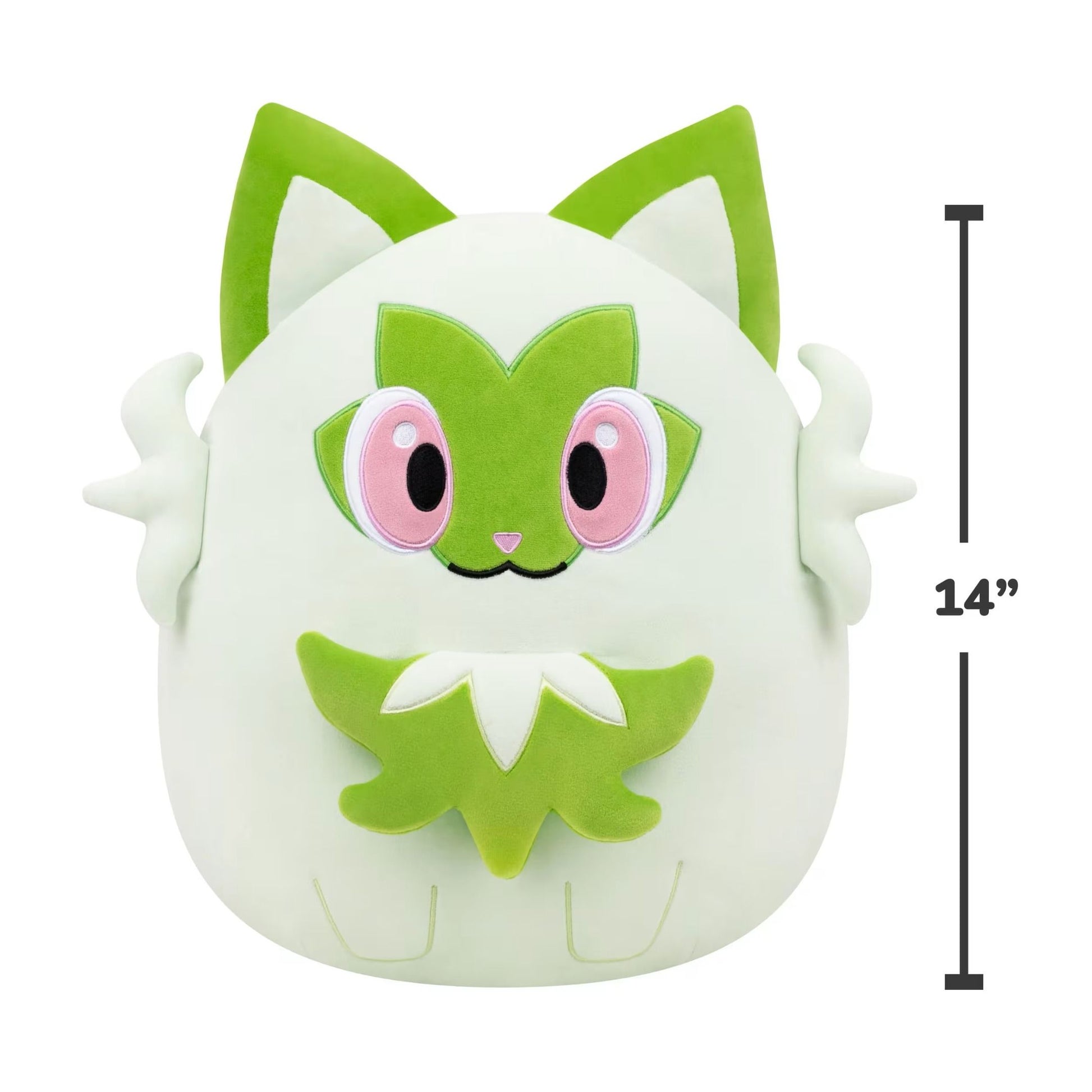 Front view of the 14-inch Squishmallows Sprigatito plush featuring bright green ears, leaf details, and large pink embroidered eyes