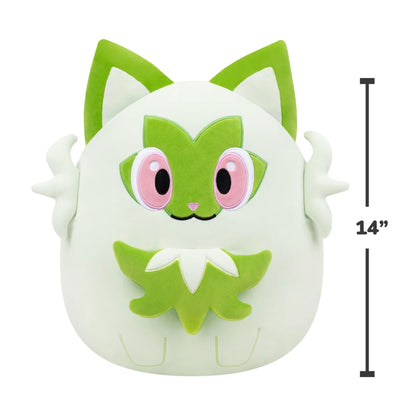 Front view of the 14-inch Squishmallows Sprigatito plush featuring bright green ears, leaf details, and large pink embroidered eyes