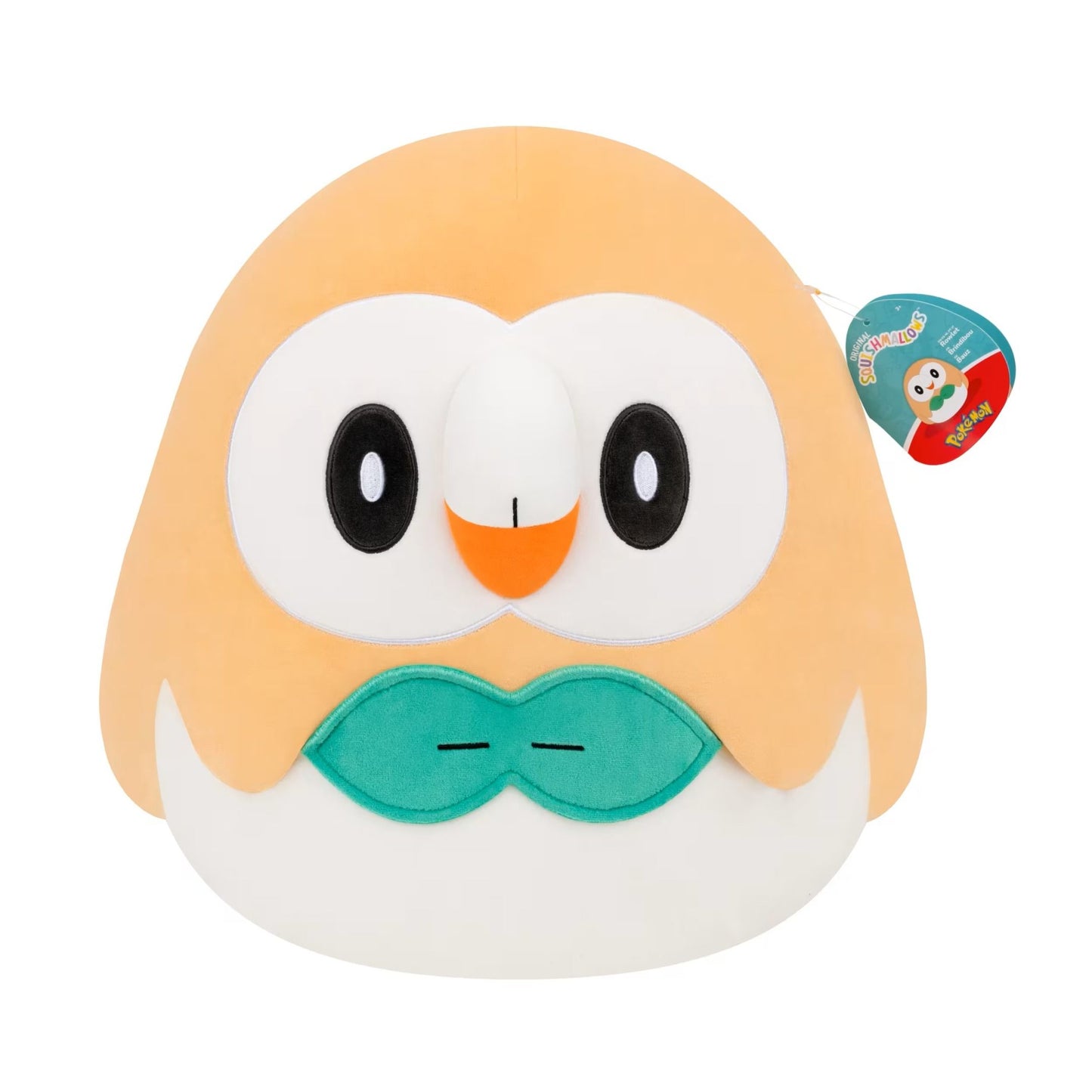 The 14-inch Squishmallows Pokémon Rowlet plush owl with its signature orange feathers large black eyes and green leaf accent is shown against a white background