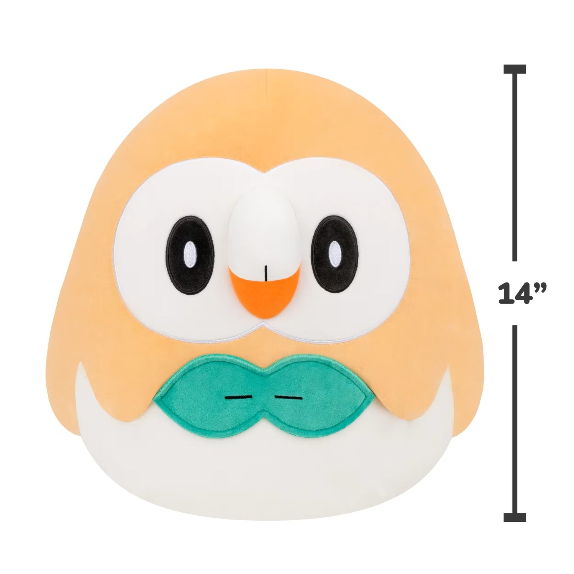 The large 14 inch Squishmallows plush featuring the Pokémon Rowlet with its signature orange body, white face, and green leaf design is shown