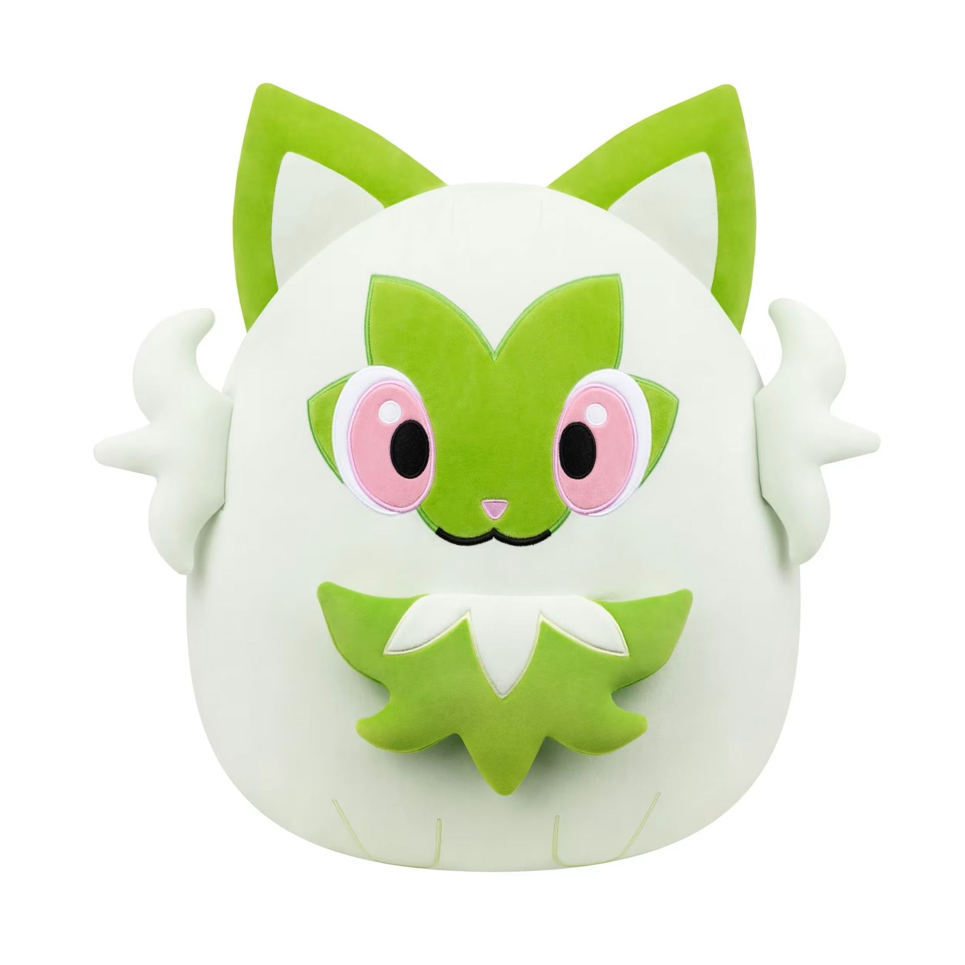 The 20-inch Squishmallows Sprigatito plush features a round light green body, prominent bright green cat ears, large pink eyes, and subtle white wing details