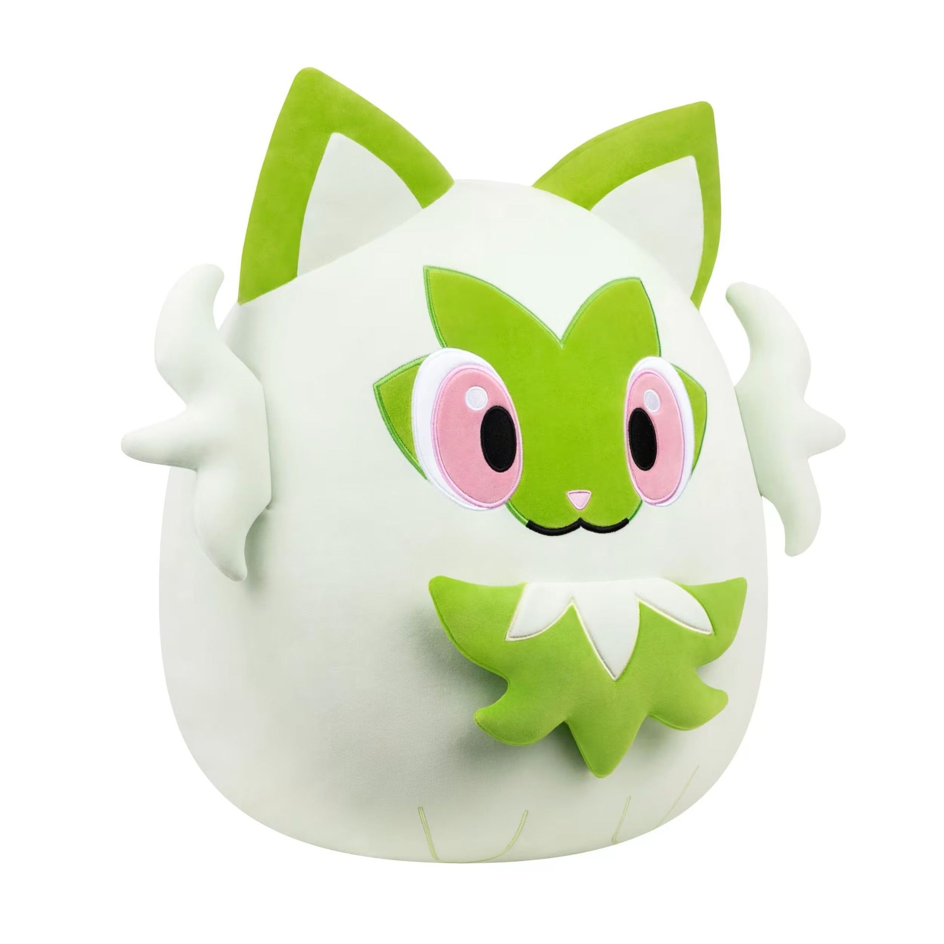 This is a 20-inch Squishmallows plush of Sprigatito, the grass-type Pokémon, featuring a light green body, prominent green ears, and large pink and black eyes