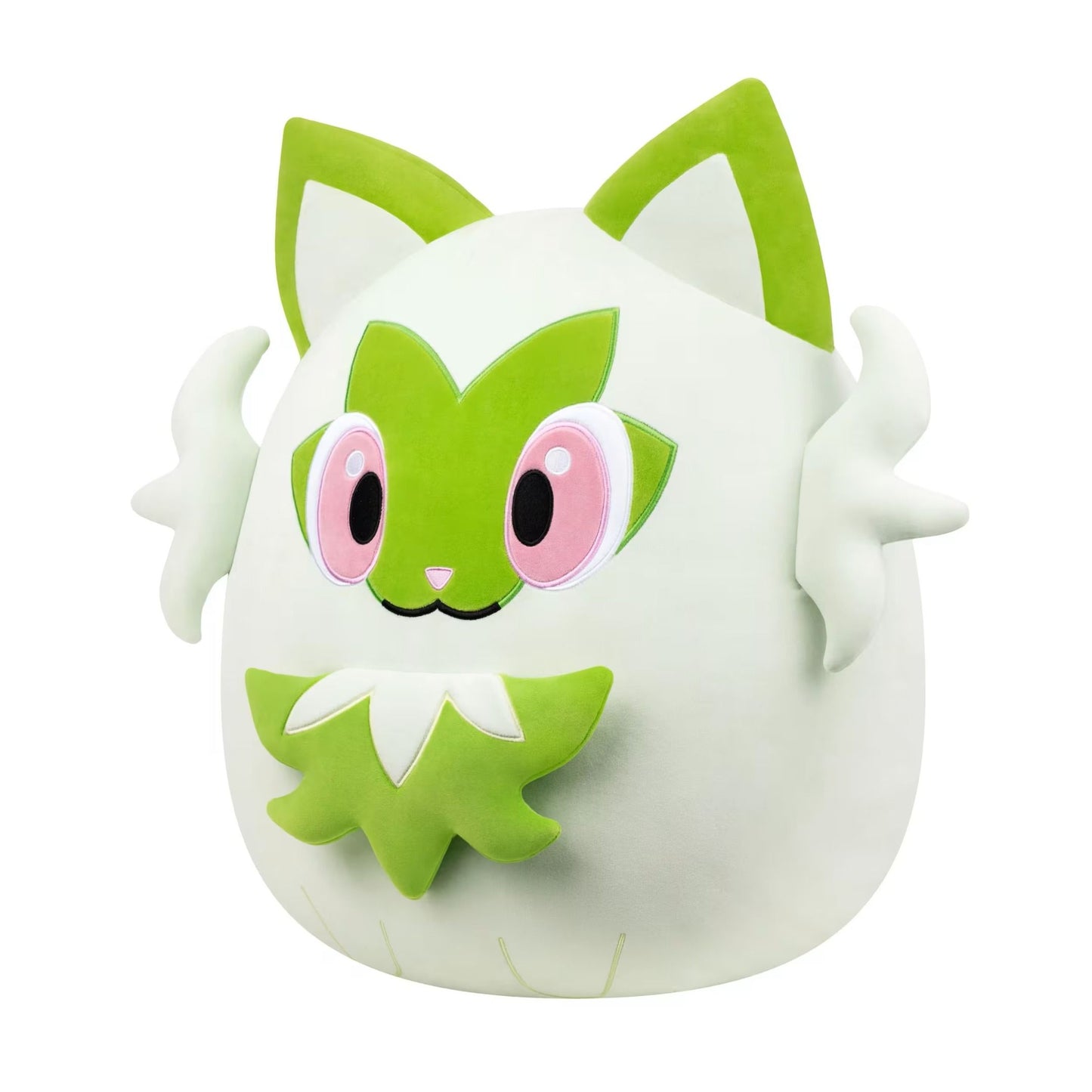 The large 20-inch Squishmallows plush toy featuring the Pokémon Sprigatito, shown as a rounded light green figure with vivid green leaf details and pink embroidered eyes