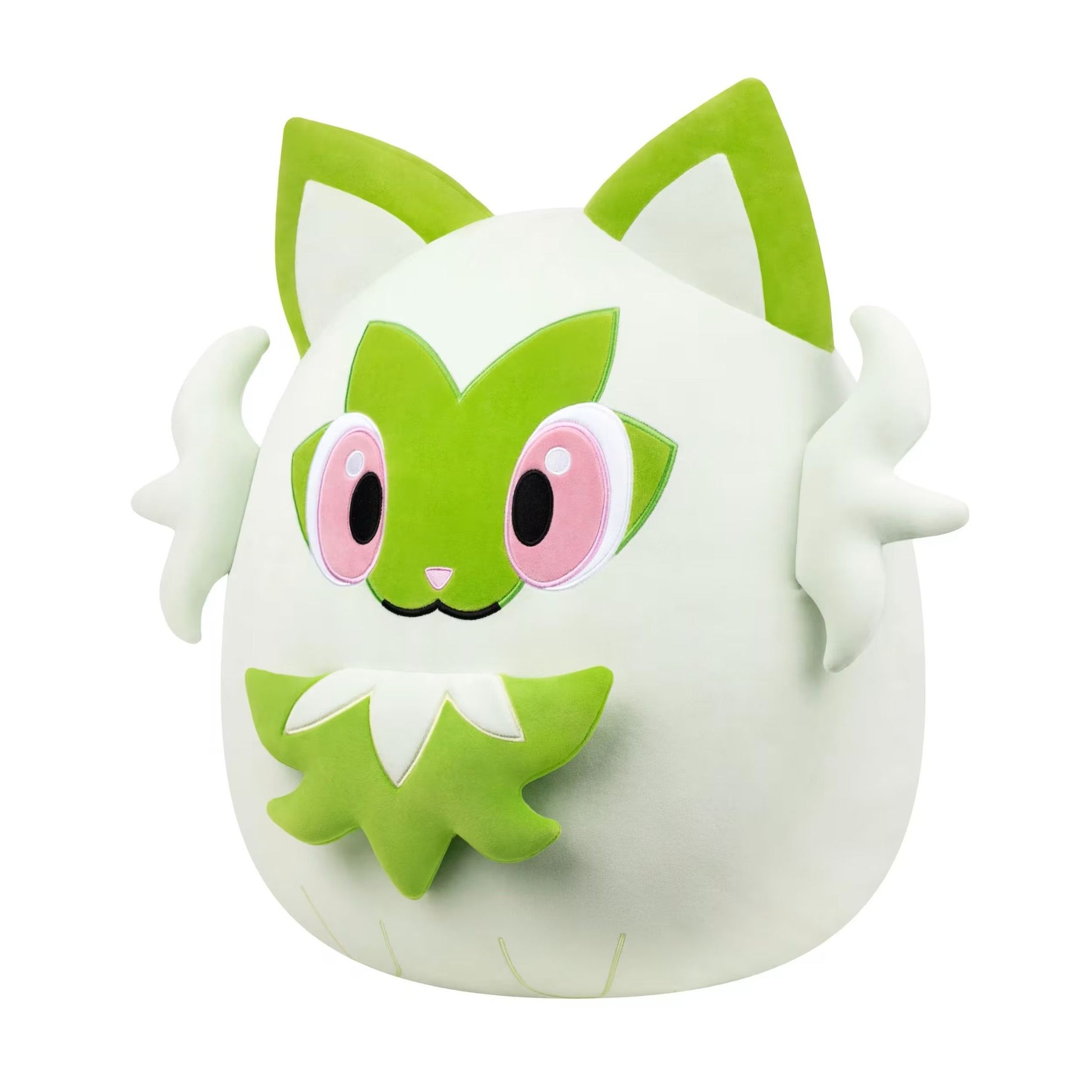 The large 20-inch Squishmallows plush toy featuring the Pokémon Sprigatito, shown as a rounded light green figure with vivid green leaf details and pink embroidered eyes