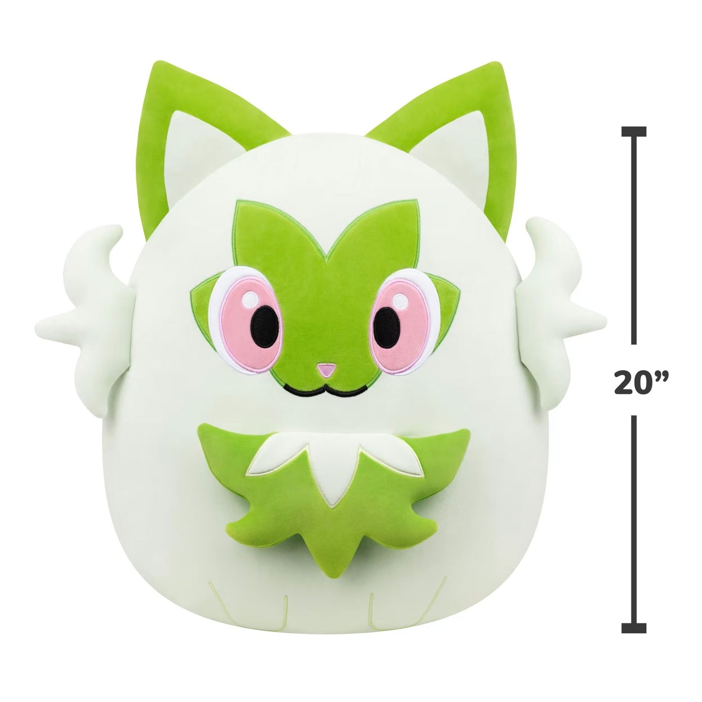 A large 20-inch Squishmallows plush toy depicting the Pokémon Sprigatito with distinctive green ears and facial leaf markings