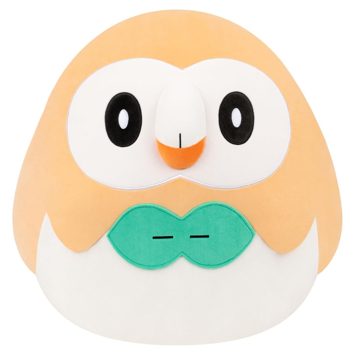 The 20-inch Squishmallow plush of the Pokémon Rowlet features soft orange and white colors, large embroidered eyes, and a prominent green leaf bow detail